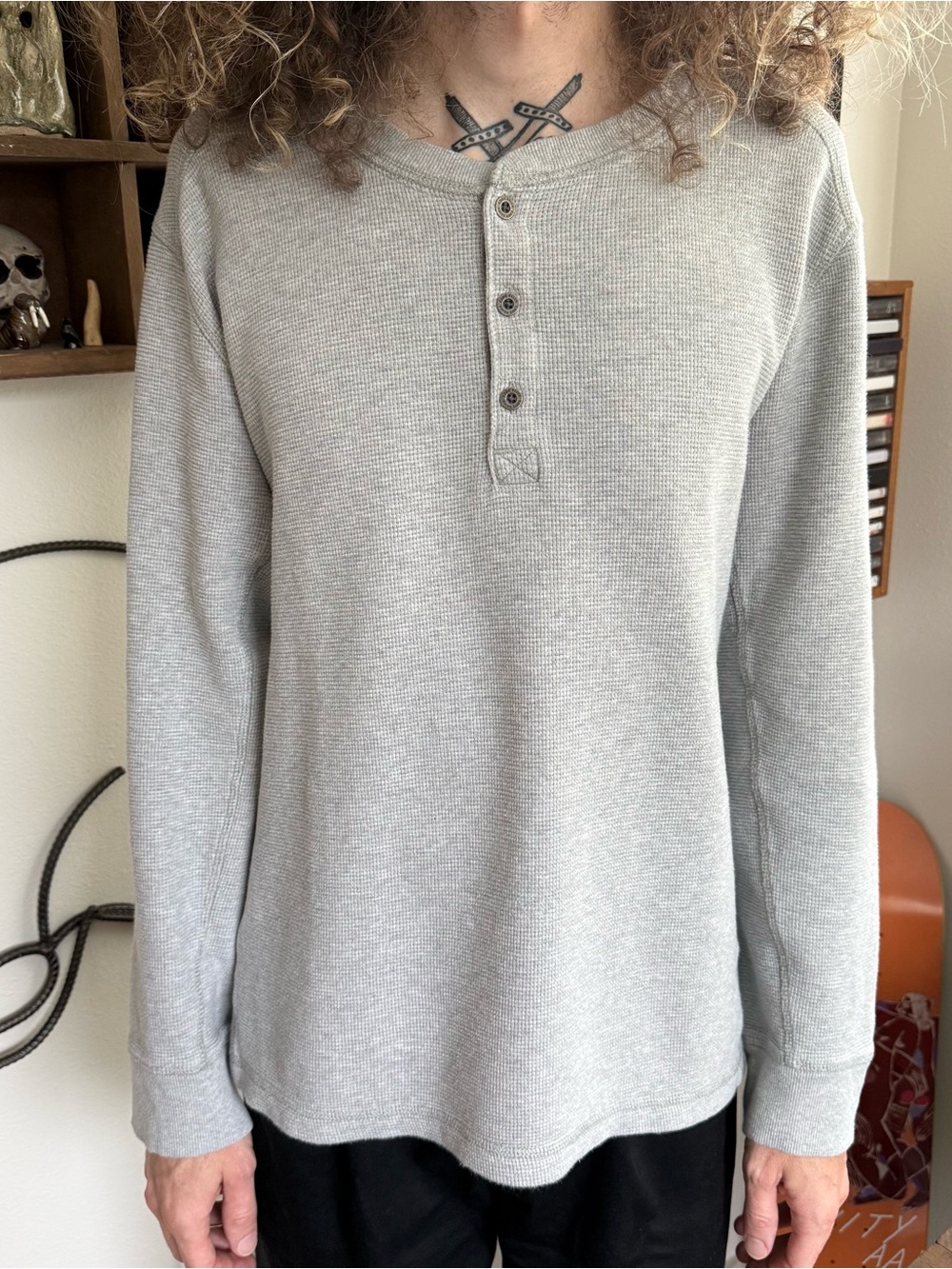 Eddie Bauer Gray Cotton Henley Waffle Thermal ~ Size XL